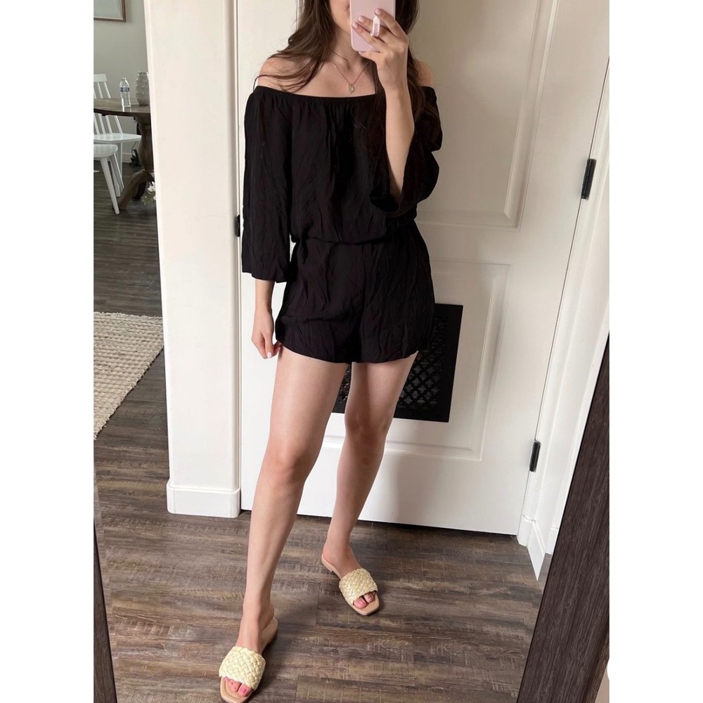 Kona Sol Womens Black Off The Shoulder Romper 3/4 Bell Sleeve Size M Beach Swim